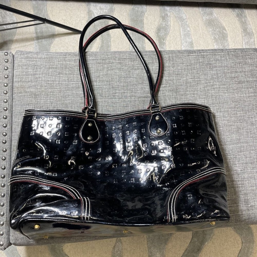 ARCADIA Black Signature Patent Leather Medium Snap-Top Tote Shoulder Bag Purse